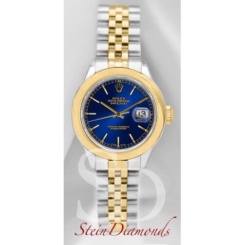 Rolex Lady Two-Tone Datejust Smooth Bezel Custom Blue Index Dial on Jubilee Band 26mm