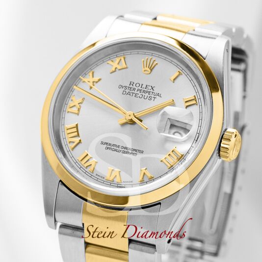 Pre Owned Rolex Two-Tone Datejust Smooth Bezel Custom Silver Roman Dial on Oyster Band 36mm