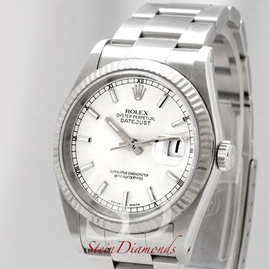 Pre Owned Rolex Steel Datejust Fluted Bezel Custom White Index Dial on Oyster Band 36mm