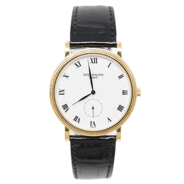 Pre Owned Calatrava Yellow Gold White Roman Dial on Black Leather Strap 33mm Box and Papers