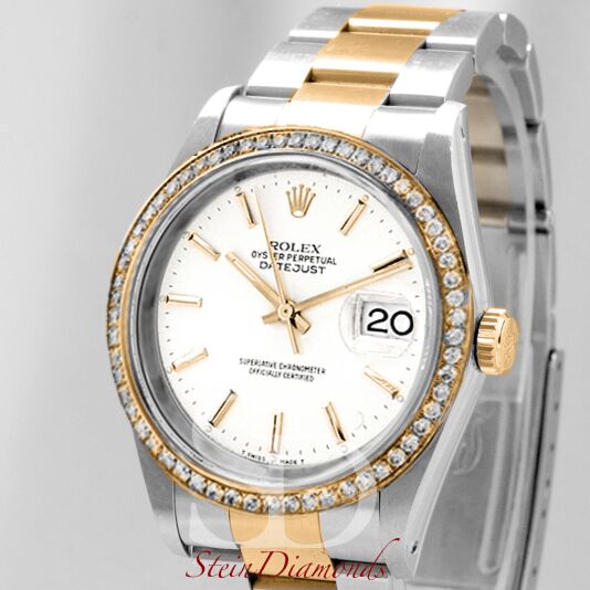 Pre Owned Rolex Two-Tone Datejust Custom Diamond Bezel and White Stick on Oyster Band 36mm