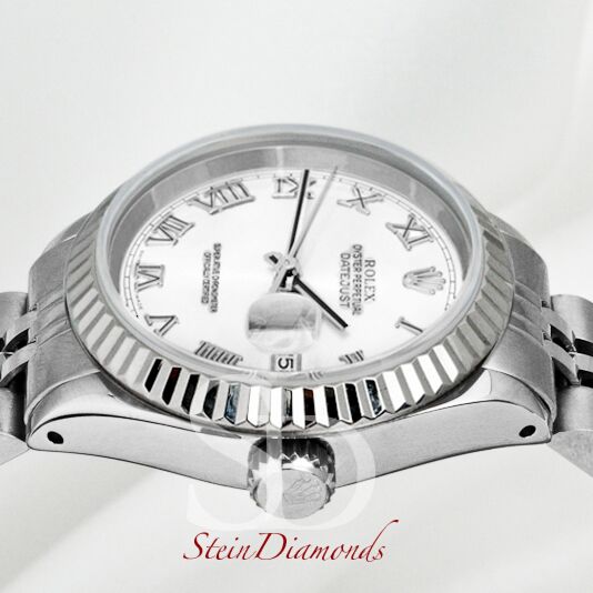 Rolex Lady Steel Datejust Fluted Bezel Custom White Roman Dial on Jubilee Band 26mm