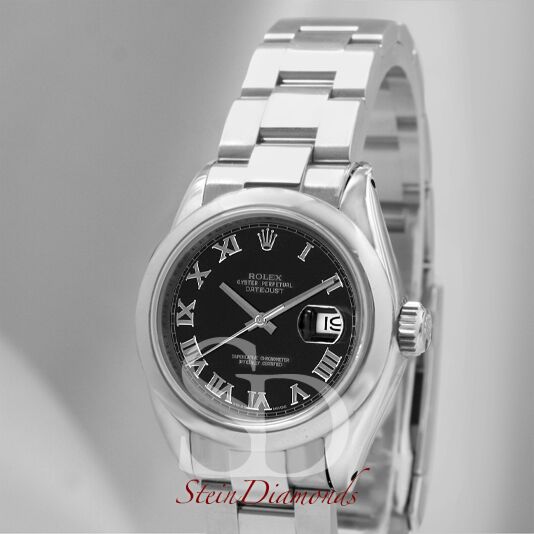 Rolex Lady Steel Datejust Smooth Bezel Custom Black Roman Dial on Oyster Band 26mm