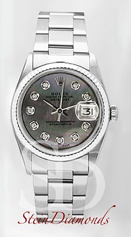 Pre Owned Rolex Steel Datejust Fluted Bezel Custom Dark Mother of Pearl Diamond on Oyster 36mm