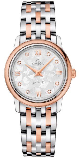 De Ville Prestige Silver Diamond Dial Stainless Steel and 18kt Rose Gold Ladies Watch
