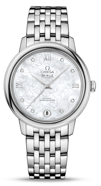 De Ville Prestige White Mother of Pearl Diamond Dial Stainless Steel Automatic Ladies Watch