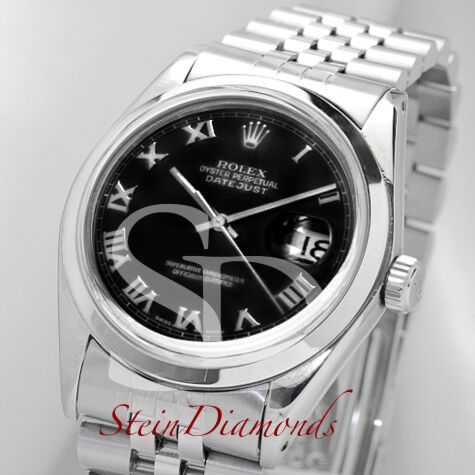 Pre Owned Rolex Steel Datejust Smooth Bezel Custom Black Roman Dial on Jubilee Band 36mm