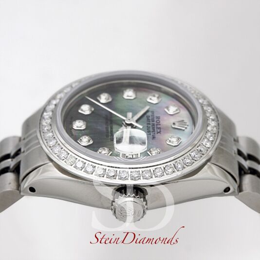 Rolex Lady Steel Datejust Custom Diamond Bezel Custom Dark Mother of Pearl Diamond Dial on Jubilee Band 26mm