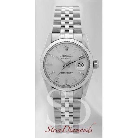 Rolex Mid-Size Steel Datejust Fluted Bezel Custom Silver Index Dial on Jubilee Band 31mm