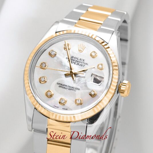 Pre Owned Rolex Two-Tone Datejust Fluted Bezel Custom Mother of Pearl Diamond Dial on Oyster Band 36mm