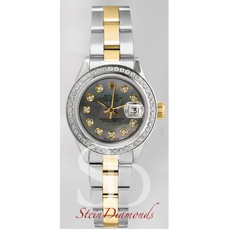 Rolex Lady Two-Tone Datejust Custom Diamond Bezel and Custom Dark Mother of Pearl Diamond Dial on Oyster Band 26mm