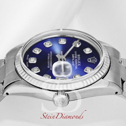 Pre Owned Rolex Steel Datejust Fluted Bezel Custom Blue Diamonod Dial on Oyster Band 36mm