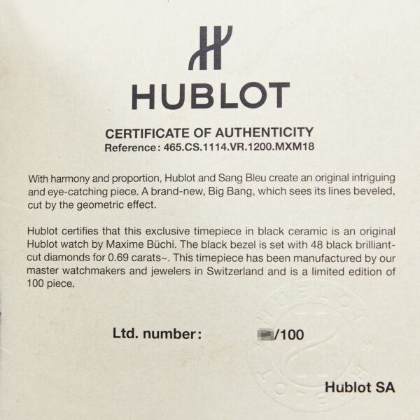 Hublot Pre-Owned Big Bang Sang Bleu Black Dial Diamond Bezel [COMPLETE SET] LIMITED EDITION 39mm