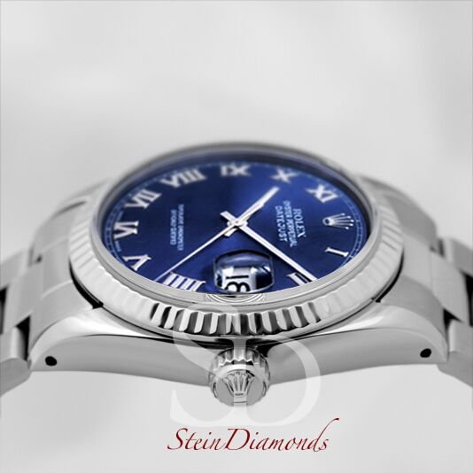 Rolex Mid-Size Steel Datejust Fluted Bezel Custom Blue Roman Dial on Oyster Band 31mm