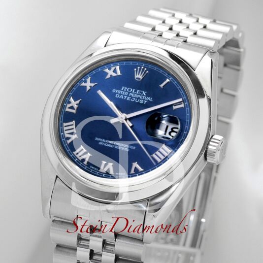Pre Owned Rolex Steel Datejust Smooth Bezel Custom Blue Roman Dial on Jubilee Band 36mm