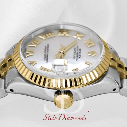 Rolex Lady Two-Tone Datejust Fluted Bezel Custom Mother of Pearl Roman Dial on Jubilee Band 26mm