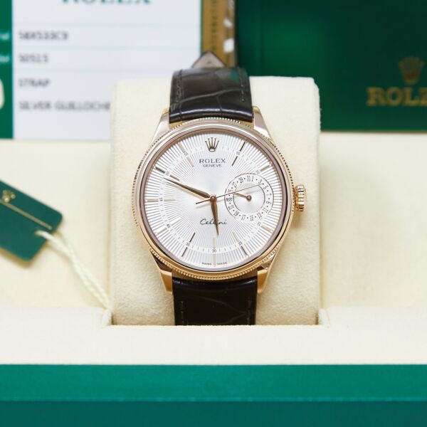 Rolex Pre-Owned Cellini Date Rose Gold Silver Dial on Leather Strap [COMPLETE SET] 39mm MINT