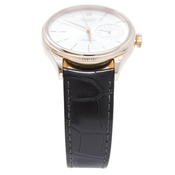 Rolex Pre-Owned Cellini Date Rose Gold Silver Dial on Leather Strap [COMPLETE SET] 39mm MINT