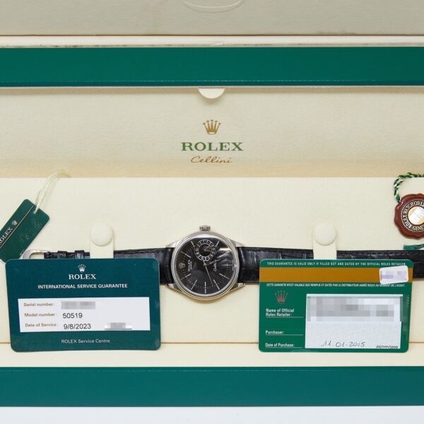 Rolex Pre-Owned Cellini 18K White Gold Black Dial on Leather Strap [COMPLETE SET] 39mm