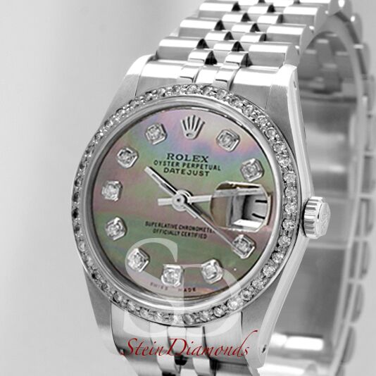 Pre Owned Rolex Steel Datejust Custom Diamond Bezel and Custom Dark Mother of Pearl Diamond Dial on Jubilee Band 36mm