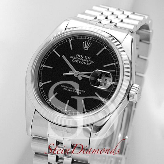Pre Owned Rolex Steel Datejust Fluted Bezel Custom Black Index Dial on Jubilee Band 36mm