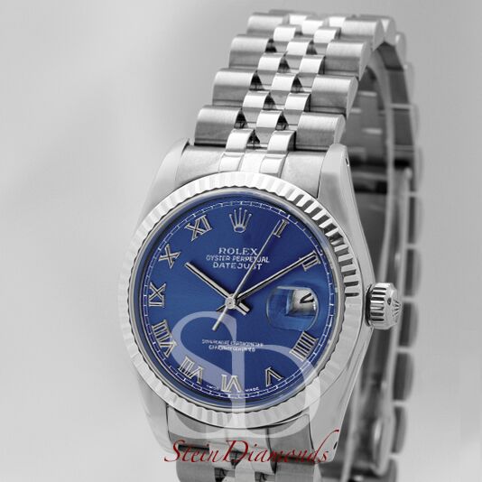 Rolex Mid-Size Steel Datejust Fluted Bezel Custom Blue Roman Dial on Jubilee Band 31mm