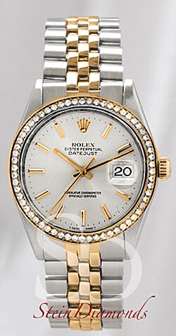 Pre Owned Rolex Two-Tone Datejust Custom Diamond Bezel and Silver Stick on Jubilee Band 36mm
