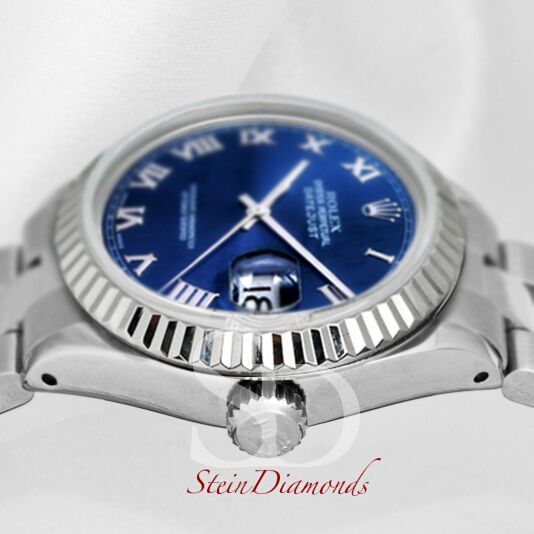Rolex Lady Steel Datejust Fluted Bezel Custom Blue Roman Dial on Oyster Band 26mm