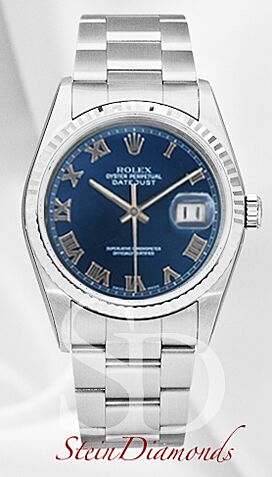 Pre Owned Rolex Steel Datejust Fluted Bezel Custom Blue Roman Dial on Oyster Band 36mm
