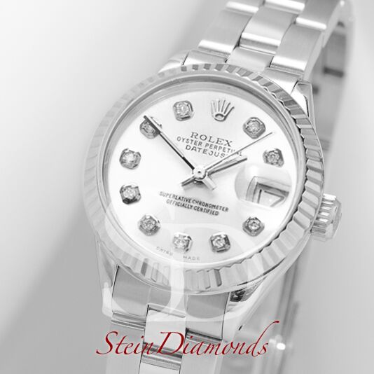 Rolex Lady Steel Datejust Fluted Bezel Custom White Diamond Dial on Oyster Band 26mm