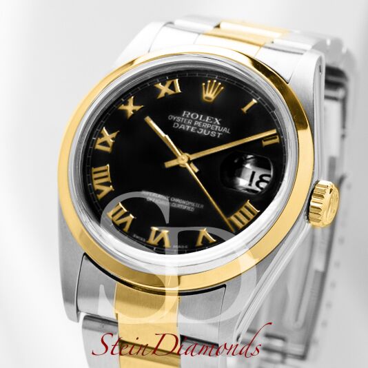 Pre Owned Rolex Two-Tone Datejust Smooth Bezel Custom Black Roman Dial on Oyster Band 36mm