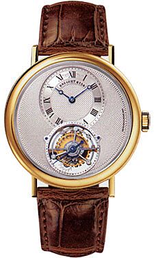 Tourbillion Silver Dial 18kt Yellow Gold Brown Leather Men's Watch