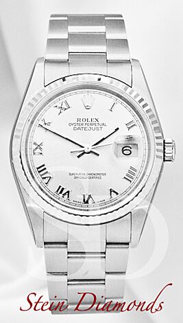 Pre Owned Rolex Steel Datejust Fluted Bezel Custom Silver Roman Dial on Oyster Band 36mm