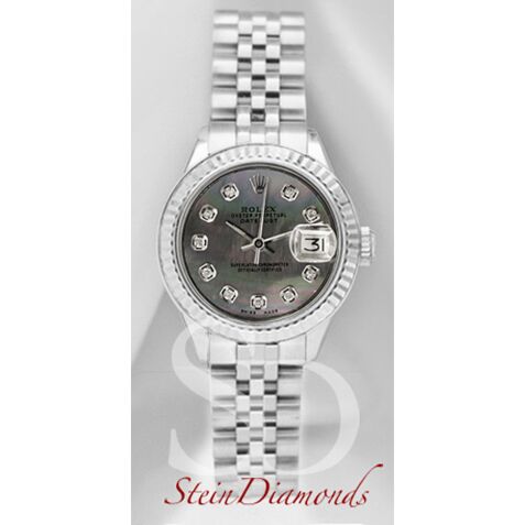 Rolex Lady Steel Datejust Fluted Bezel Custom Dark Mother of Pearl Diamond Dial on Jubilee Band 26mm