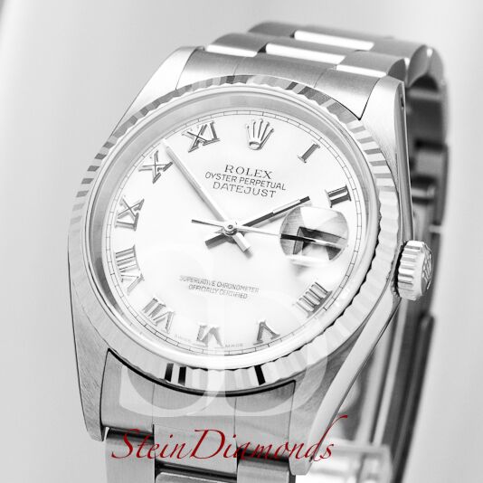 Pre Owned Rolex Steel Datejust Fluted Bezel Custom White Roman Dial on Oyster Band 36mm