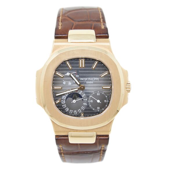 Patek Philippe Pre-Owned Nautilus Rose Gold Black-Brown Dial on Leather Strap [with BOX and PAPERS] 2008