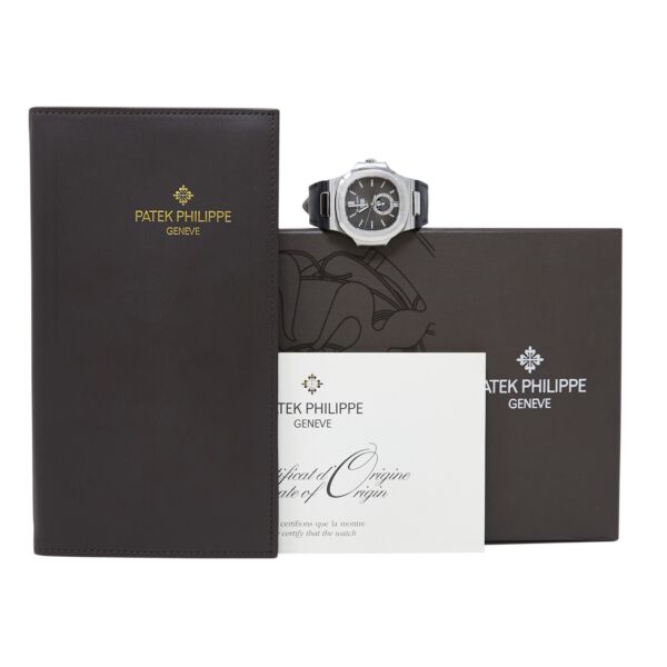 Patek Philippe Pre-Owned Nautilus Stainless Steel Black Dial on Leather Strap [COMPLETE SET] 40.5mm