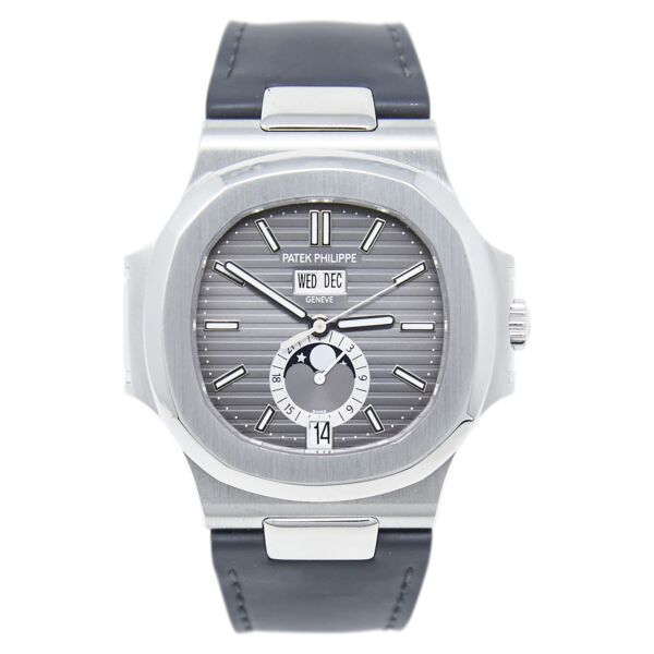 Patek Philippe Pre-Owned Nautilus Stainless Steel Black Dial on Leather Strap [COMPLETE SET] 40.5mm