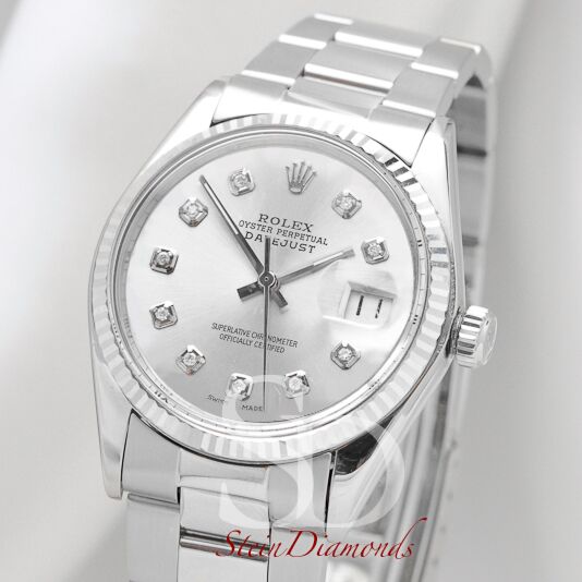 Pre Owned Rolex Steel Datejust Fluted Bezel Custom Silver Diamond Dial on Oyster Band 36mm
