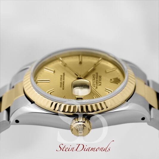 Rolex Mid-Size Two-Tone Datejust Fluted Bezel Custom Champagne Index Dial on Oyster Band 31mm