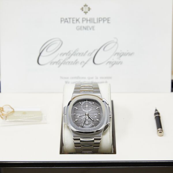 Pre Owned Patek Philippe Nautilus Travel Time Chronograph Steel Black Dial on Bracelet 40.5mm Complete 2015