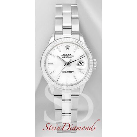 Rolex Lady Steel Datejust Fluted Bezel Custom White Index Dial on Oyster Band 26mm