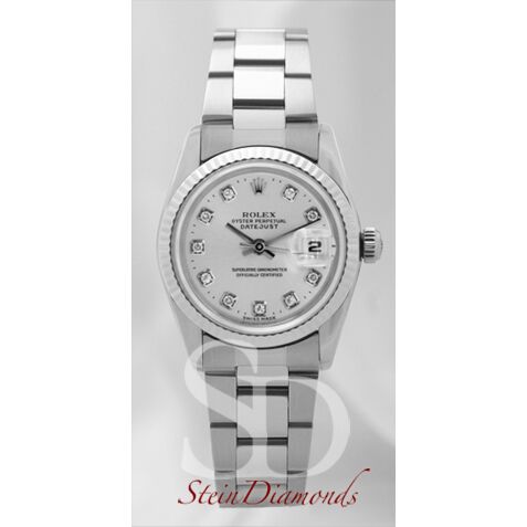 Rolex Mid-Size Steel Datejust Fluted Bezel Custom Silver Diamond Dial on Oyster Band 31mm