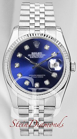 Pre Owned Rolex Steel Datejust Fluted Bezel Custom Blue Diamond Dial on Jubilee Band 36mm