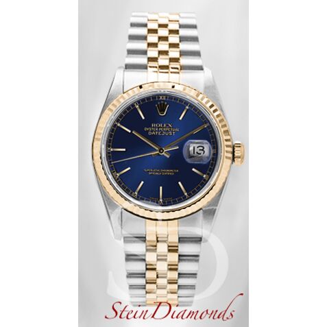 Pre Owned Rolex Two-Tone Datejust Fluted Bezel Custom Blue Index Dial on Jubilee Band 36mm