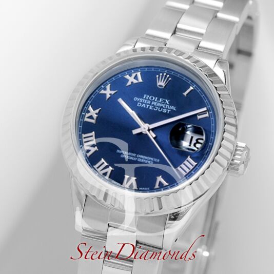 Rolex Lady Steel Datejust Fluted Bezel Custom Blue Roman Dial on Oyster Band 26mm
