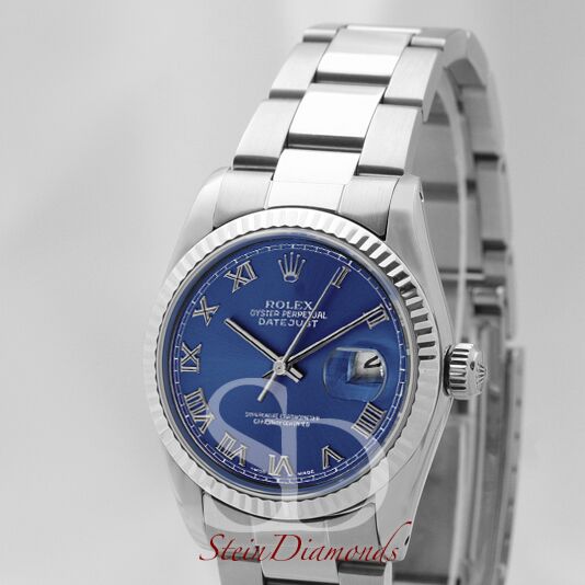 Rolex Mid-Size Steel Datejust Fluted Bezel Custom Blue Roman Dial on Oyster Band 31mm