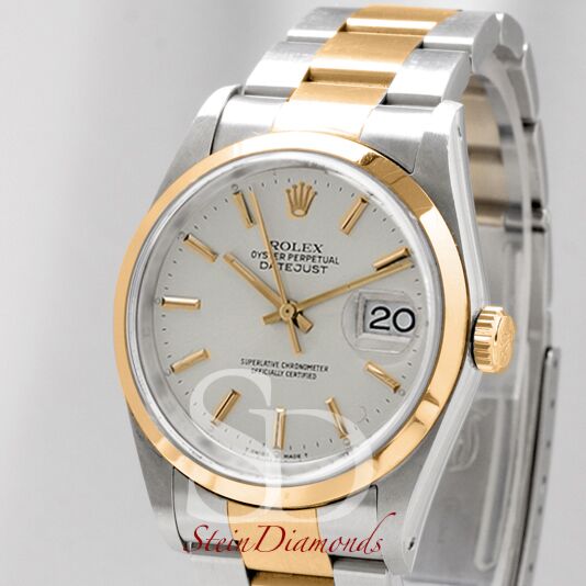 Pre Owned Rolex Two-Tone Datejust Smooth Bezel Custom Silver Index Dial on Oyster Band 36mm