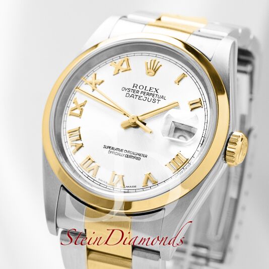 Pre Owned Rolex Two-Tone Datejust Smooth Bezel Custom White Roman Dial on Oyster Band 36mm