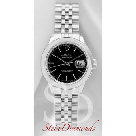Rolex Lady Steel Datejust Smooth Bezel Custom Black Index Dial on Jubilee Band 26mm
